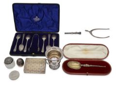 A collection of silver to include silver-gilt replica anointing spoon