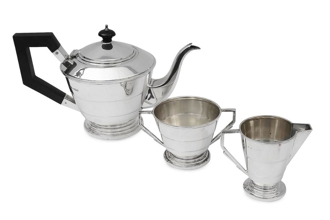 A George VI Art Deco silver three piece tea service
