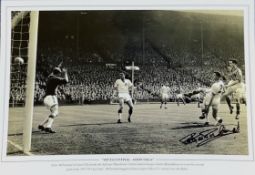 Football, Peter McParland signed 12x18 black and white photograph picturing McParland, playing for