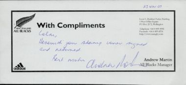 Andrew Martin signed Compliment slip New Zealand Rugby player 'All Blacks Manger' It could be