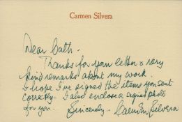 Carmen Silvera signed Compliment card 6x4 Inch. Was a British comic actress. Good condition Est.
