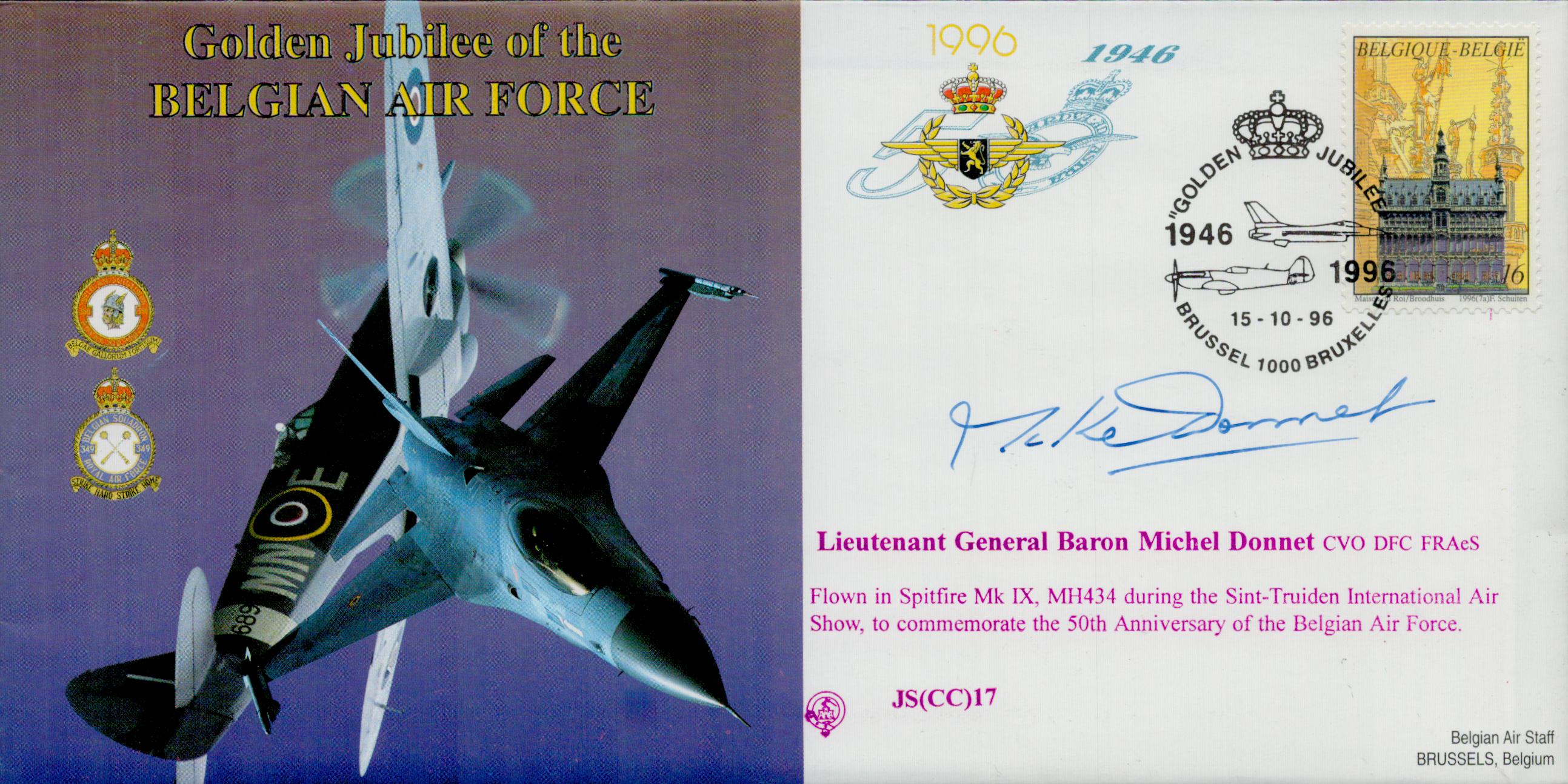 Lt Gen Baron Michael Donnet CVO DFC signed Golden Jubilee of the Belgian Air Force FDC PM Golden