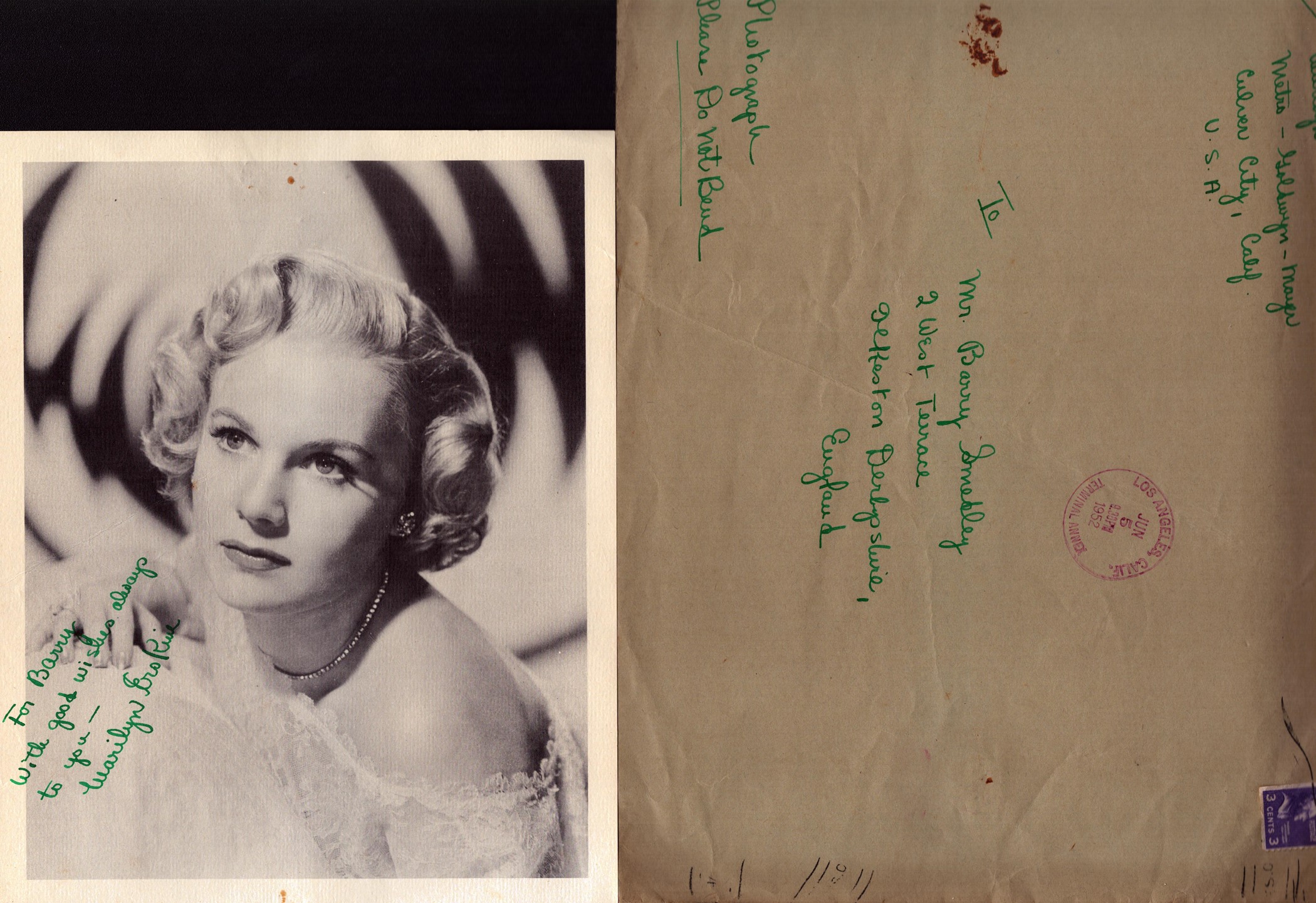 Marilyn Erskine signed 10x8inch black and white photo. Comes with original mailing envelope.