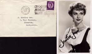 Jennifer Jayne signed 6x4 inch black and white photo with 1960 original mailing envelope. Good