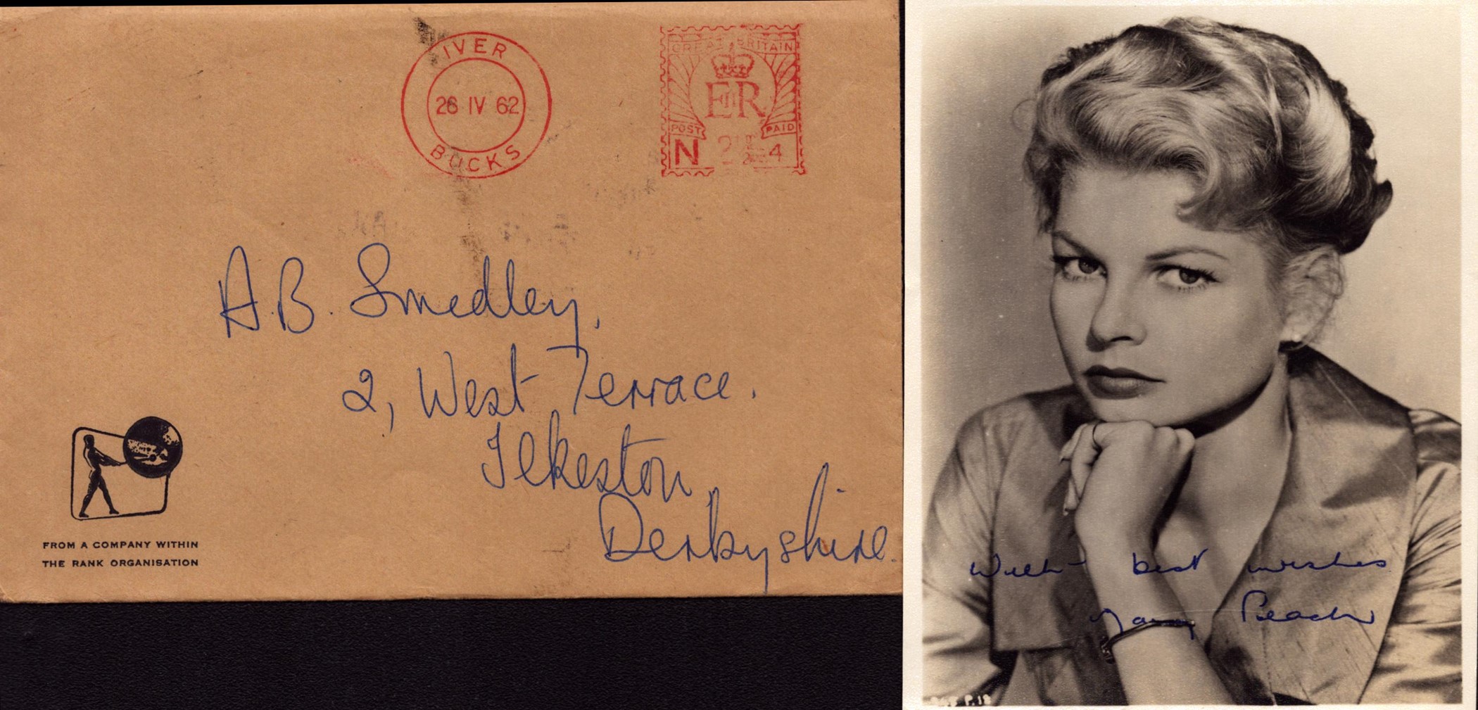 Mary Peach signed 5x3 inch vintage black and white photo with original 1962 mailing envelope. Good