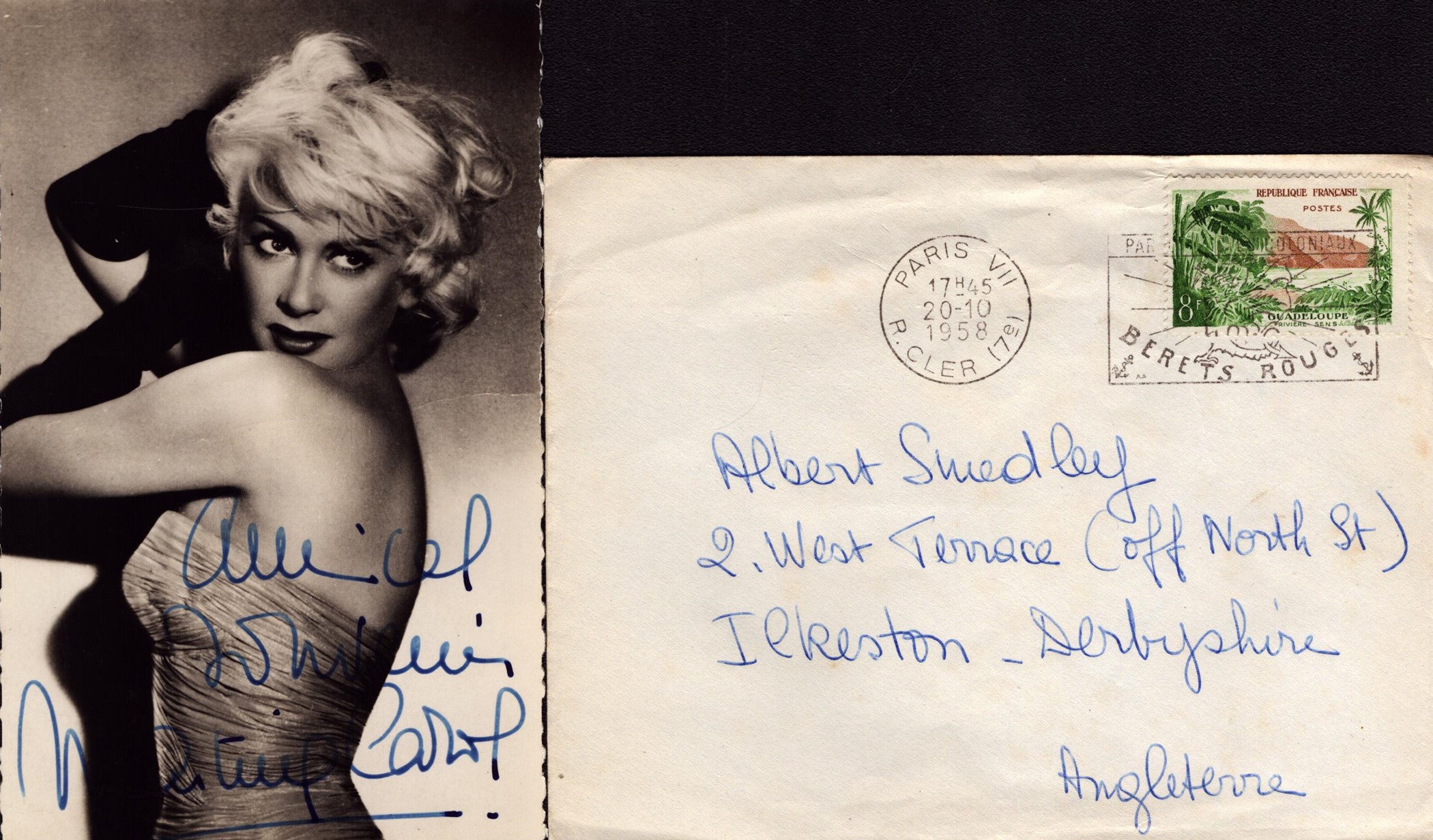 Martine Carol signed 5x3inch black and white photo with original mailing envelope. Good condition.