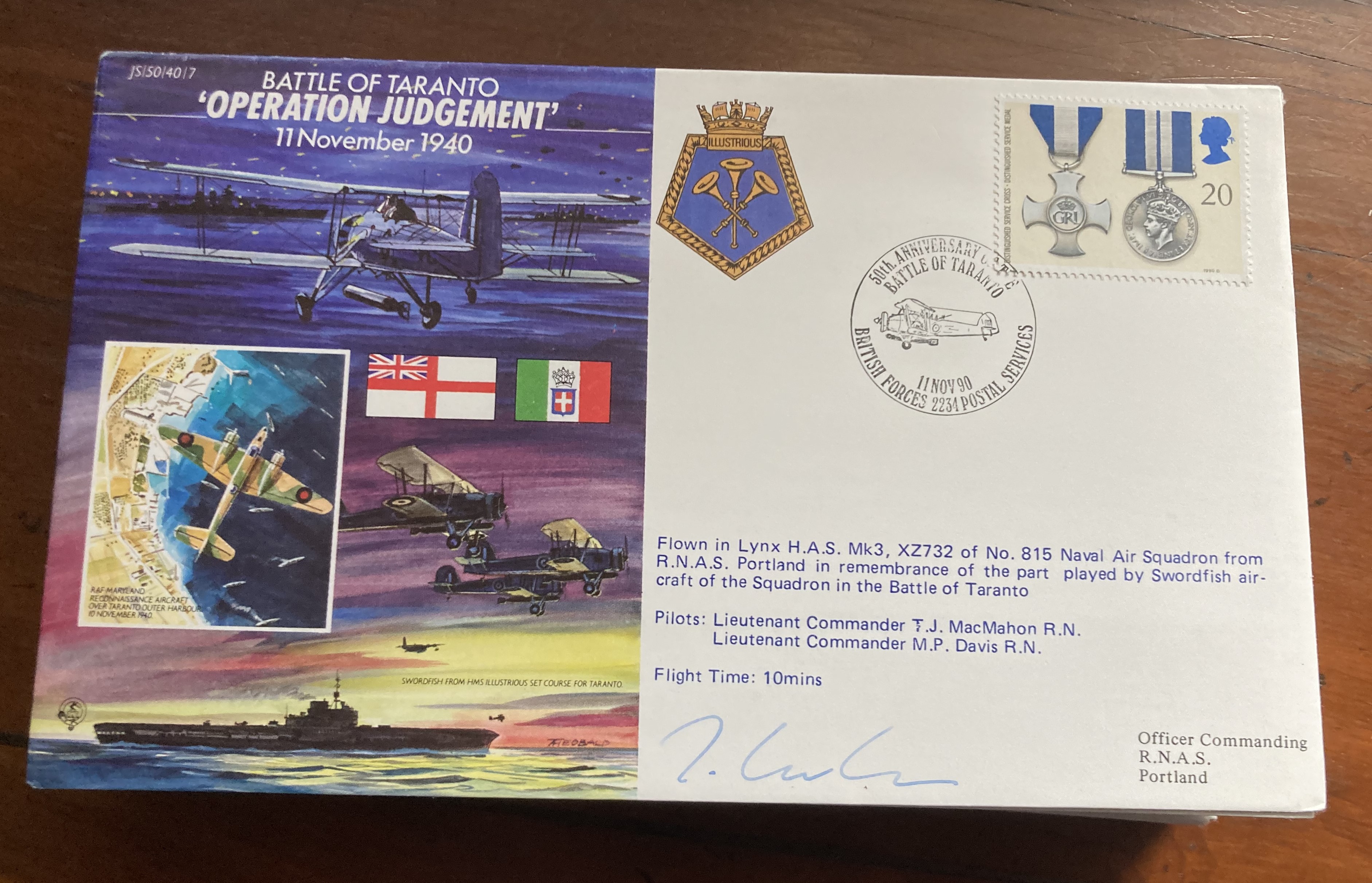 Lt Cdr T MacMahon signed 50th ann Battle of Taranto Operation Judgement RAF flown cover JS50/40/7.