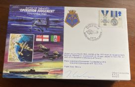 Lt Cdr T MacMahon signed 50th ann Battle of Taranto Operation Judgement RAF flown cover JS50/40/7.