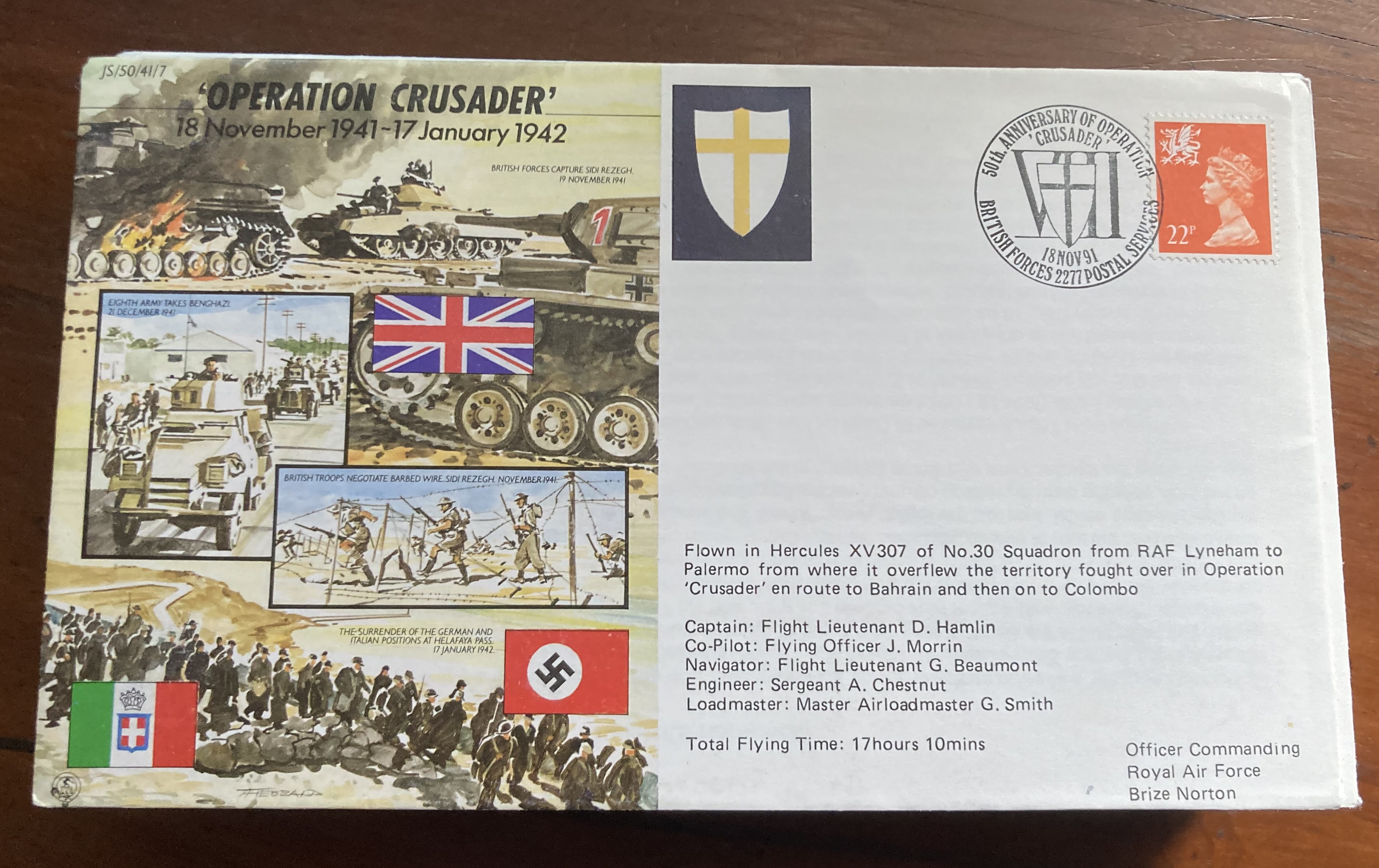 WW2 50th ann Operation Crusader RAF flown cover JS50/41/7. Flown by Hercules over the Crusader