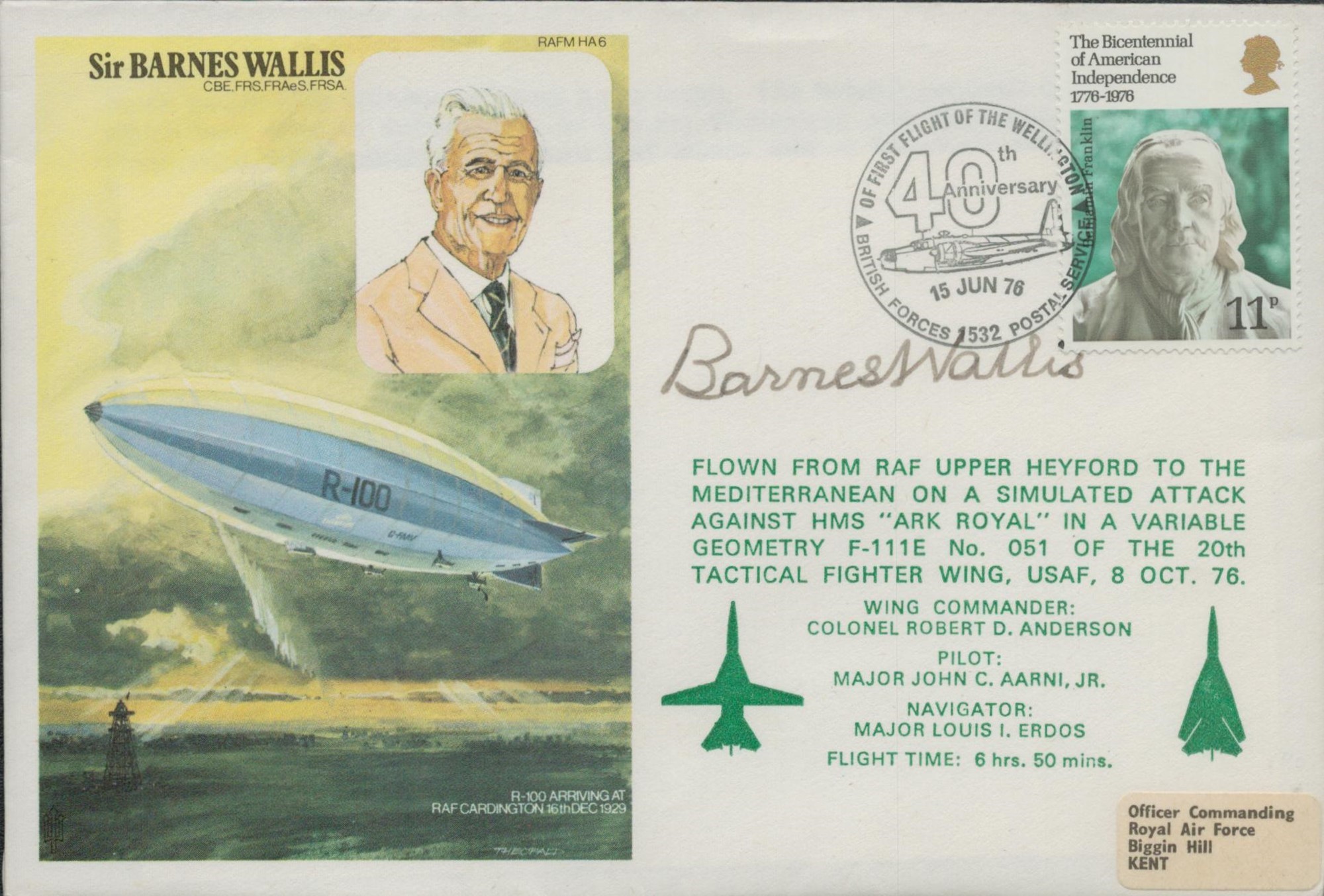 Sir Barnes Wallis, CBE FRS RDI FRAeS signed R-100 FDC, single stamp plus single post mark 15 Jun 76.
