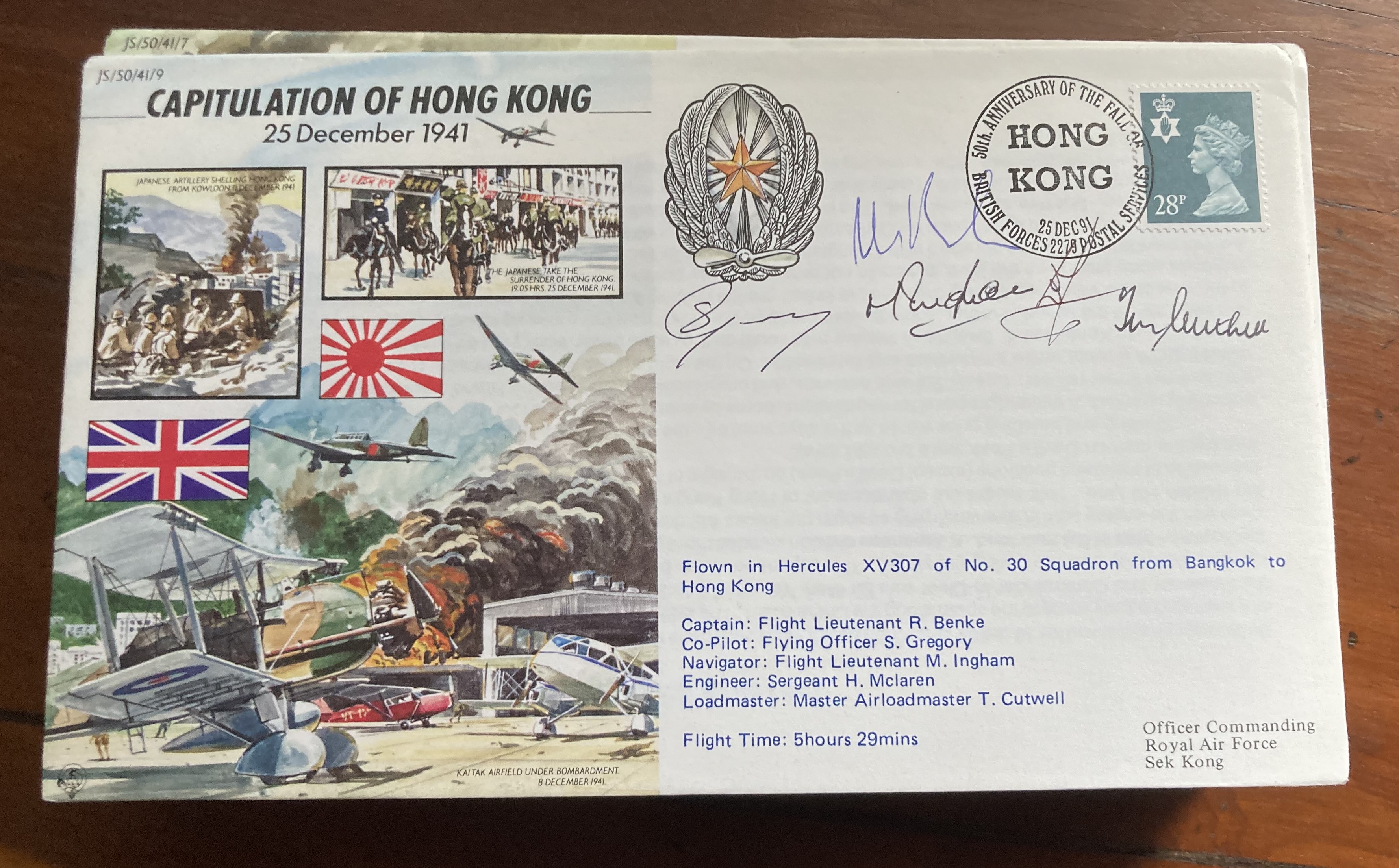 WW2 50th ann Capitulation of Hong Kong multiple signed RAF flown cover JS50/41/9. Flown by