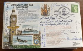 WW2 5 Battle of Britain fighter aces multiple signed 50th ann WW2 cover JS50/39/1 Britain Declares