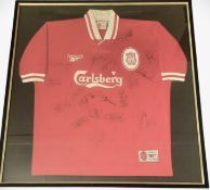 Liverpool F.C 2000 multi Signed 35x33.5 inch framed Liverpool F.C shirt. Signatures include Steven