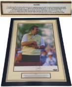 Tony Jacklin signed 30x22.5 inch framed photo and dedication script of Tony Jacklin holding the