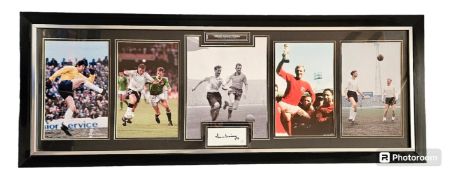 Sir Tom Finney montage signature piece including signed white card and 5 unsigned photos with