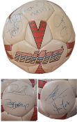 Football Legends multi signed Mitre Delta Cosmic football includes signatures of Bobby Moore, Alan