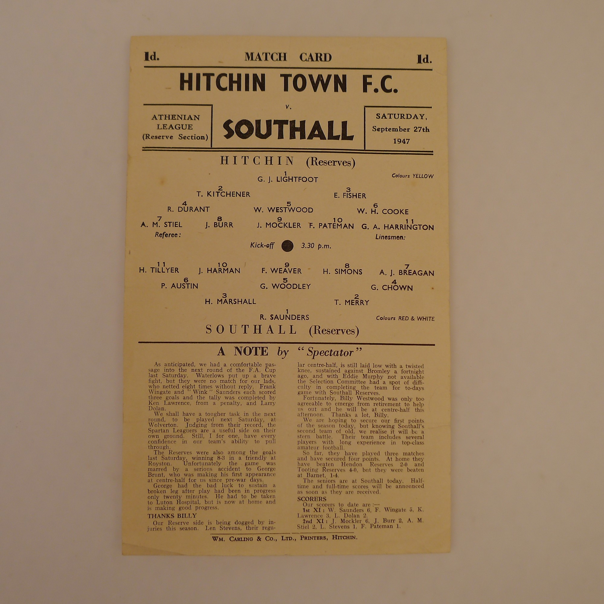 1 x Hitchin Town Reserves 1947-48 Athenian League (Reserve Section) Season football programme, Vs