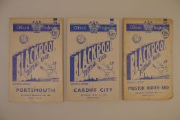 3 x Blackpool 1955 football programmes, Vs Cardiff City April 16, Vs Preston North End Oct 29 and Vs