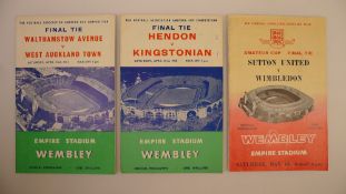 3 x FA Amateur Cup 1960 to 1963 Final programmes comprising 1 x Hendon Vs Kingstonian April 23