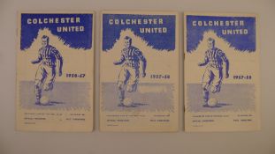 3 x Colchester United 1957 football programmes, Vs Torquay United Aug 24, Vs Aldershot Town Apr 13
