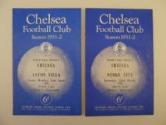 2 x Chelsea 1951-52 Season football programmes, Vs Aston Villa Apr 14 1952 and Vs Stoke City Mar