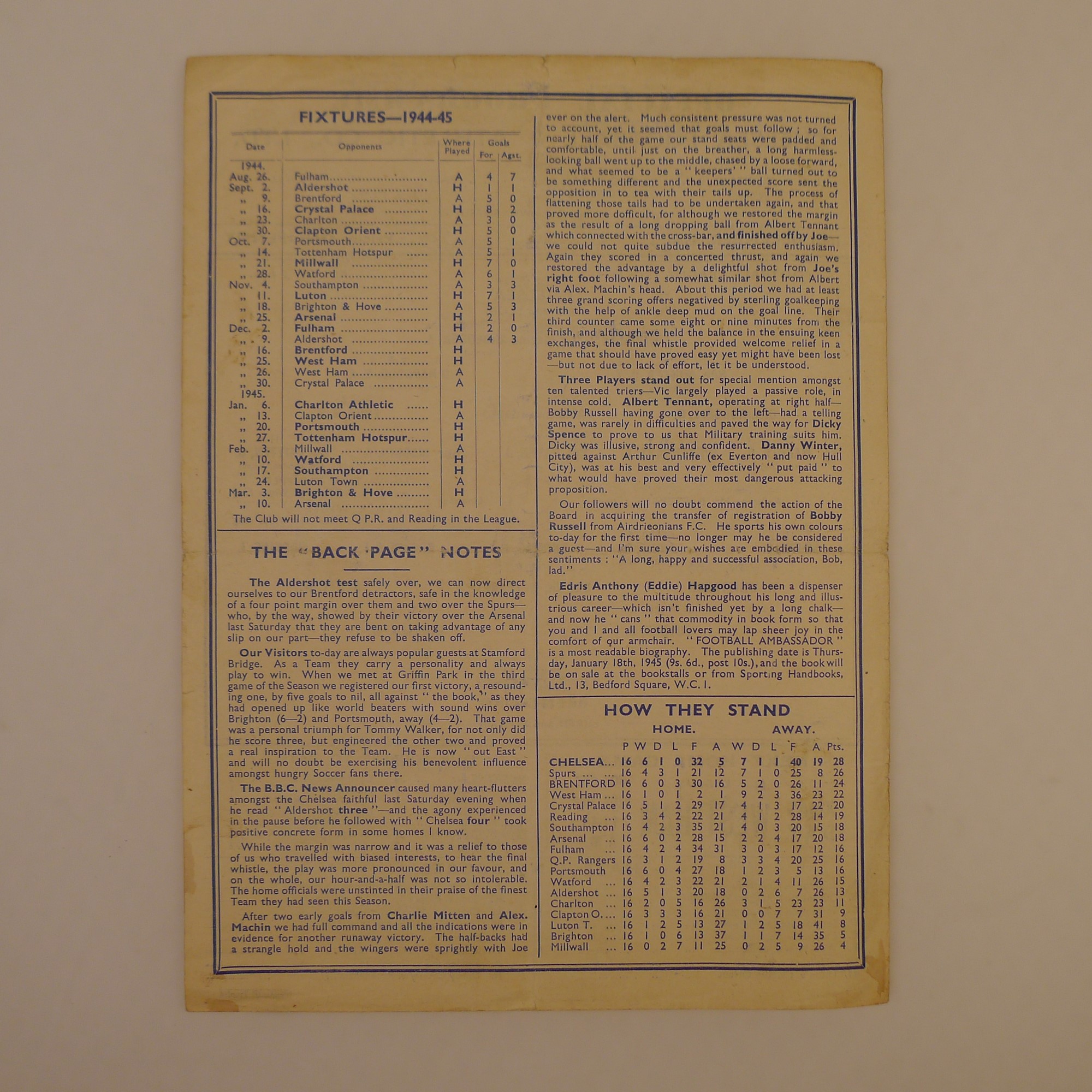 1 x Chelsea 1944-45 League South Season football programme, Vs Brentford Dec 16 1944 (single sheet), - Image 2 of 2