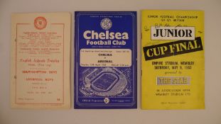 3 x FA Youth / Boys programmes 1953 to 1958 comprising 1 x Chelsea Vs Arsenal April 15 1958 FA Youth