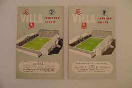 2 x Aston Villa 1951-52 football programmes, Vs Burnley Mar 17 1951 and Vs Arsenal Aug 23 1952, both