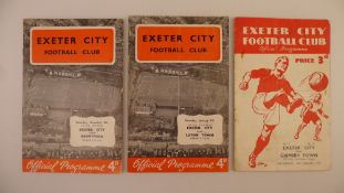 3 x Exeter City FA cup football programmes, Vs Grimsby Town Jan 10 1951, Vs Luton Town Jan 9 1960