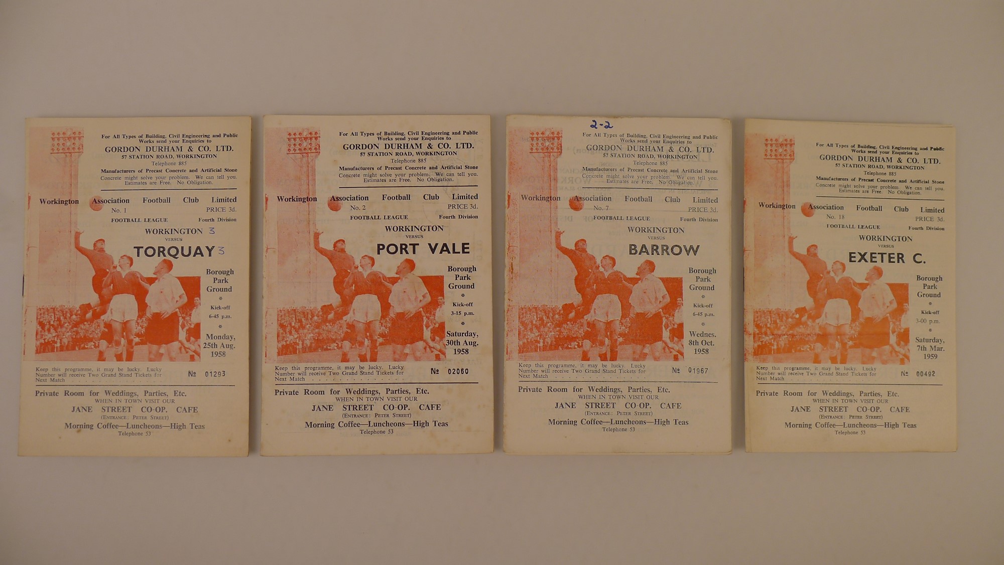 4 x Workington 1958-59 Season football programmes, Vs Torquay United Aug 25 1958, Vs Port Vale Aug