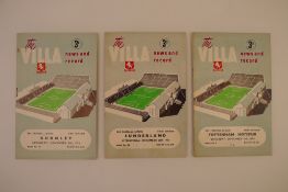 3 x Aston Villa 1956-57 Season football programmes, Vs Tottenham Hotspur Sep 15 1956, Vs Burnley Nov