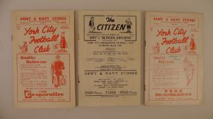 3 x York City various 1950s football programmes, Vs Mansfield Town Oct 31 1959, Vs Oldham Athletic