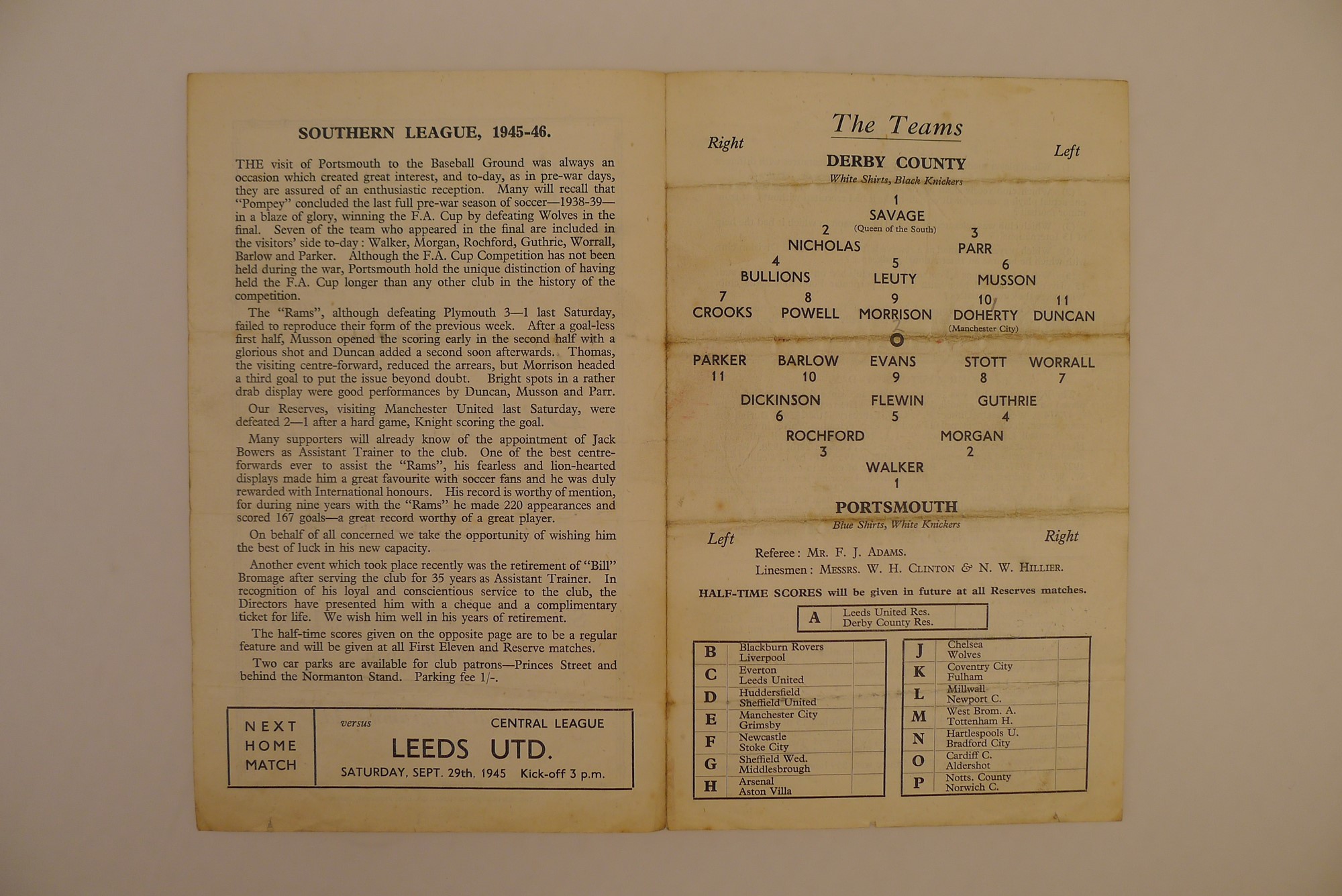 1 x Derby County 1945-46 Southern League Season football programme, Vs Portsmouth Sept 22 1945, - Image 3 of 3