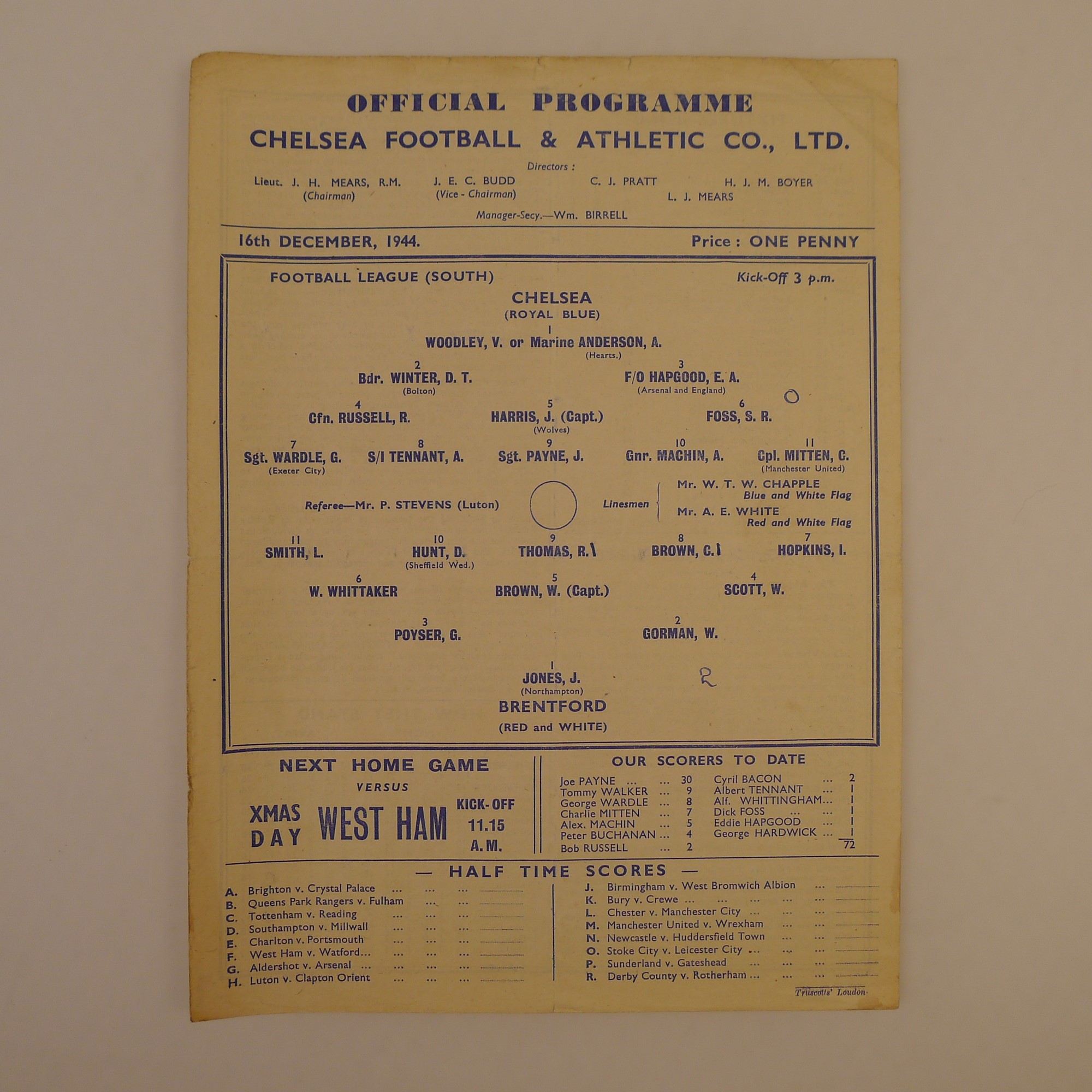 1 x Chelsea 1944-45 League South Season football programme, Vs Brentford Dec 16 1944 (single sheet),