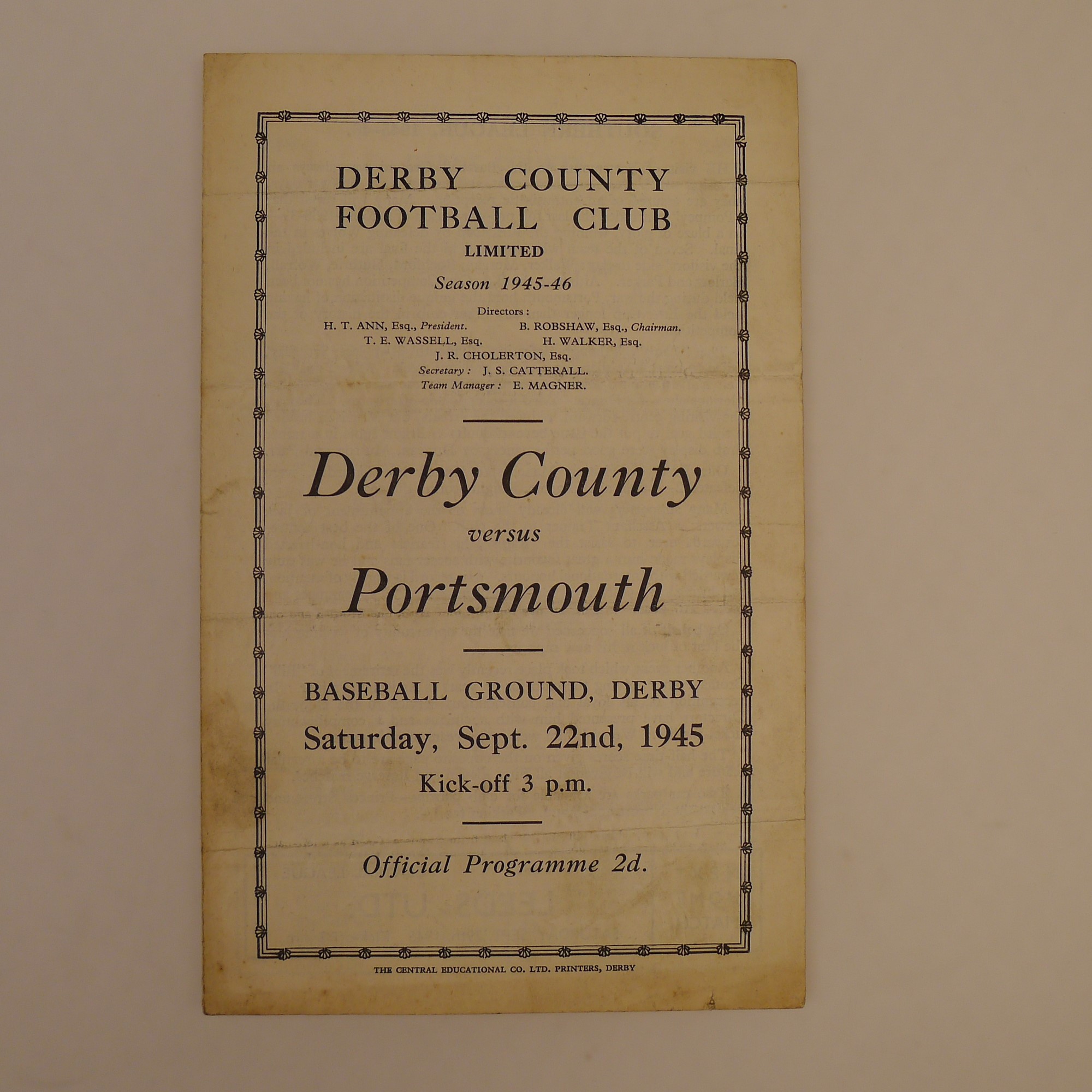 1 x Derby County 1945-46 Southern League Season football programme, Vs Portsmouth Sept 22 1945,