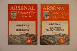 2 x Arsenal 1951-52 Season football programmes, Vs Chelsea Aug 29 and Vs Bolton Nov 24, left hand