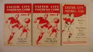 3 x Exeter City 1952-53 football programmes, Vs Shrewsbury Town Aug 29 1953, Vs Queens Park
