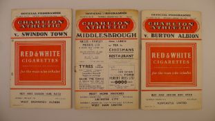 3 x Charlton Athletic 1956-57 FA cup football programmes, Vs Burton Albion Jan 7 1956, Vs Swindon