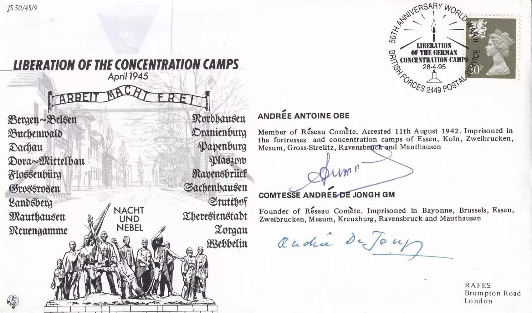 45/9d Liberation of Concentration Camps. Signed 2 imprisoned in the camps. 28 4 95 BFPS 2449