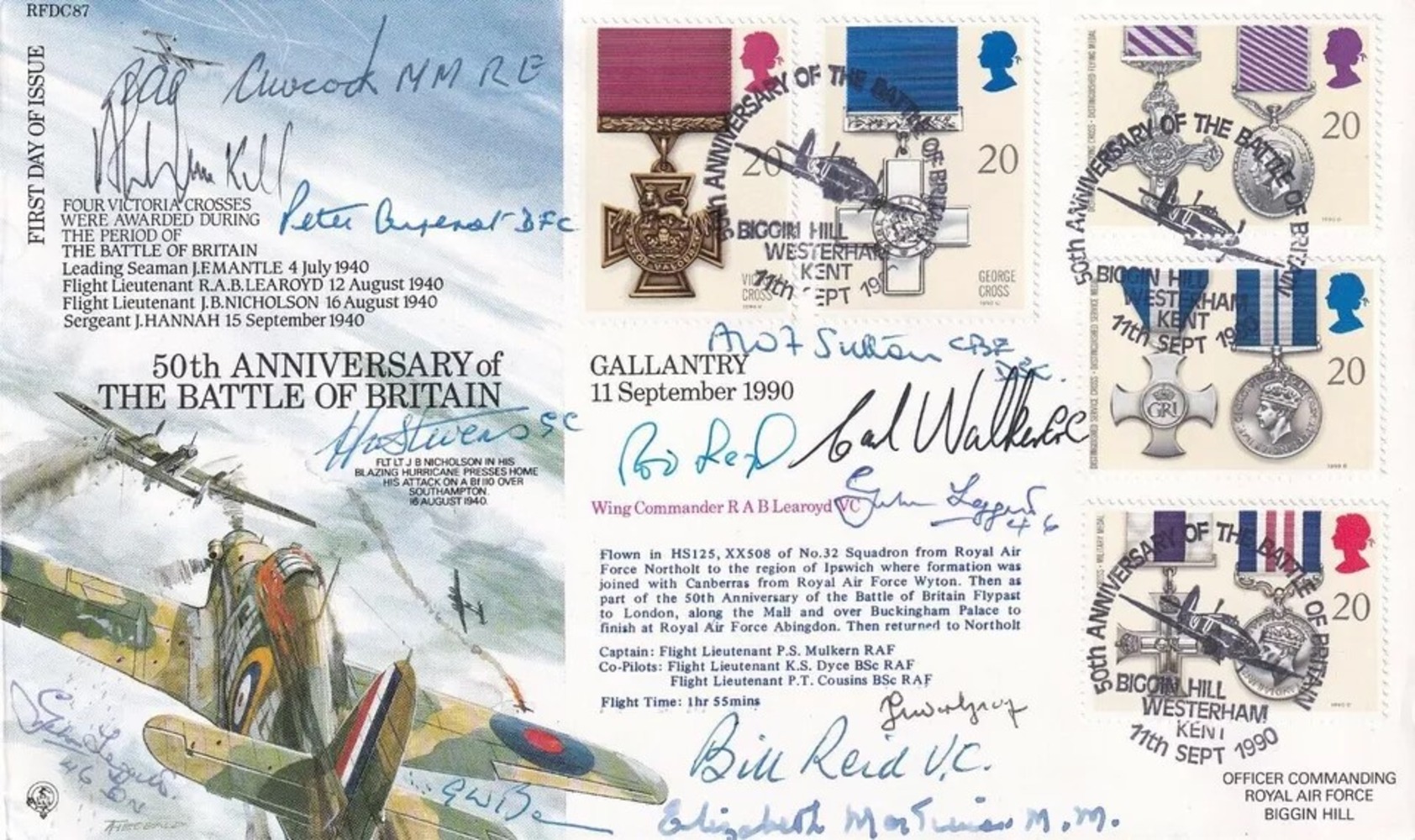 RFDC87 50th Anniv Battle of Britain Full set of Gallantry Stamps Signed by 13. 11 sep 90 Biggin Hill