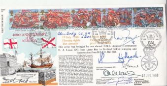 400th Anniv of the Armada Full set of Armada Stamps Signed by 8, 2 x VC holders ( Poor scan no black