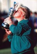 John Daly signed 12x8 inch colour photo pictured celebrating with the Open Championship claret