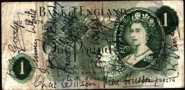 The Great Train Robbery. A one pound note, signed by 10 of the major criminals in the gang, all