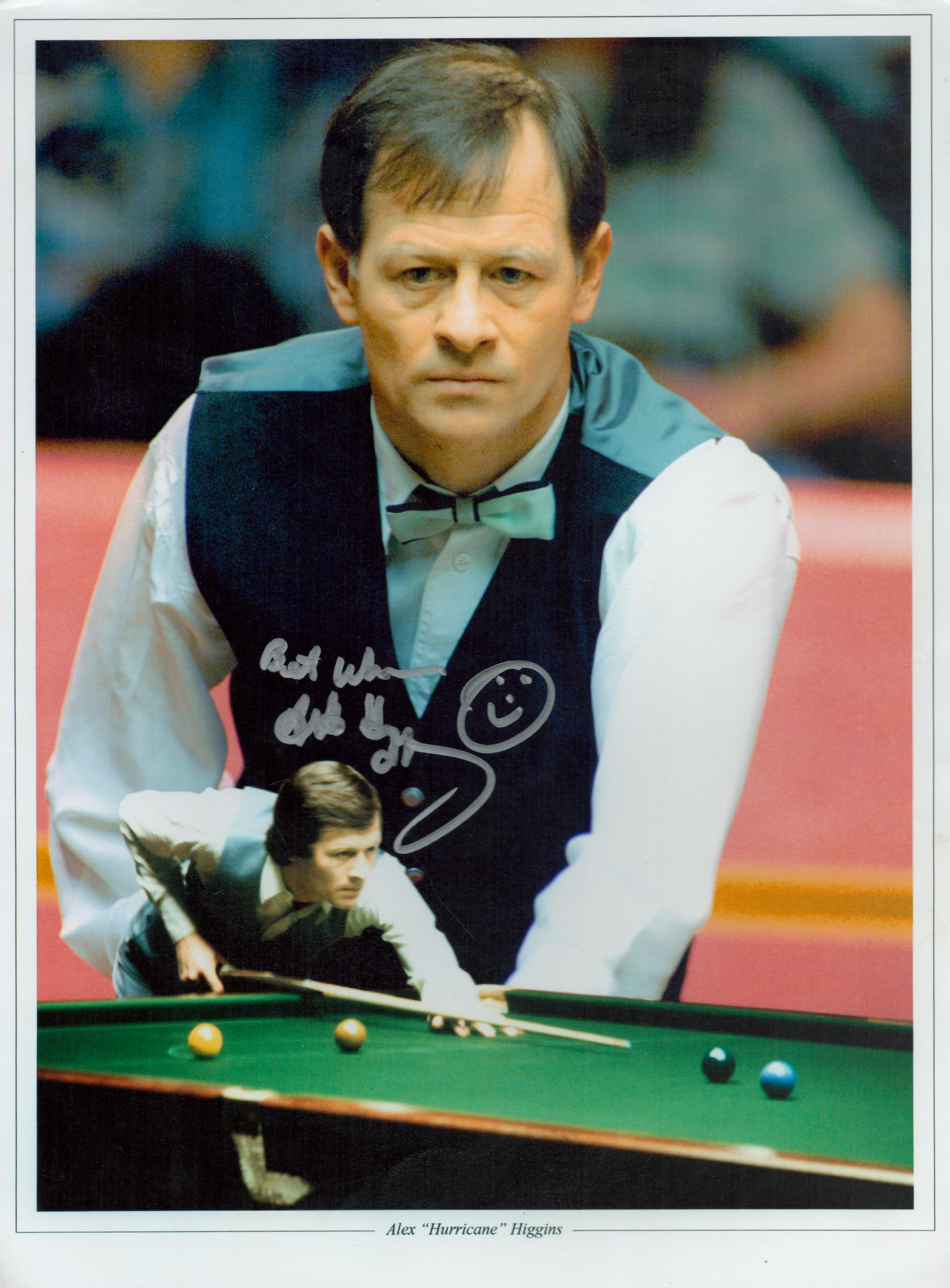 Alex "Hurricane" Higgins signed 12x8 inch colour photo. Good condition. All autographs come with a