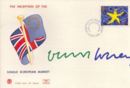 David Hockney, artist. A signed (in green and blue ink) 1992 Single European Market FDC. The stamp