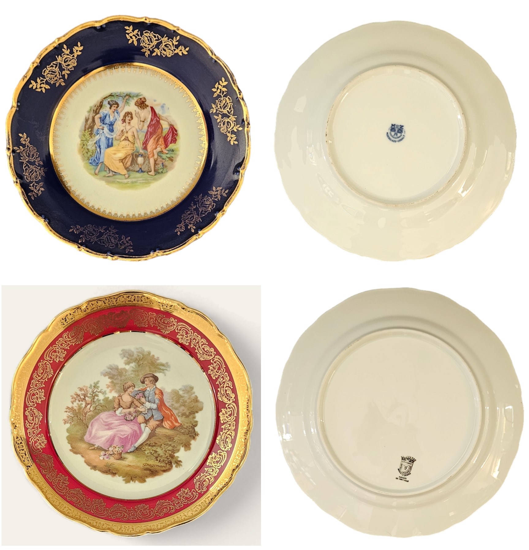 2 Decorative Plate Collection, Limoges Porcelain Fragonard Burgundy Cabinet plate, Made in France