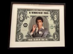 Tony Montana signed Scarface Who Do I Trust Dollar Bill poster, Mounted and framed, Measures 25x21