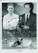 Tom Finney signed 16x12inch black and white montage iconic splashdown Preston North End. Good