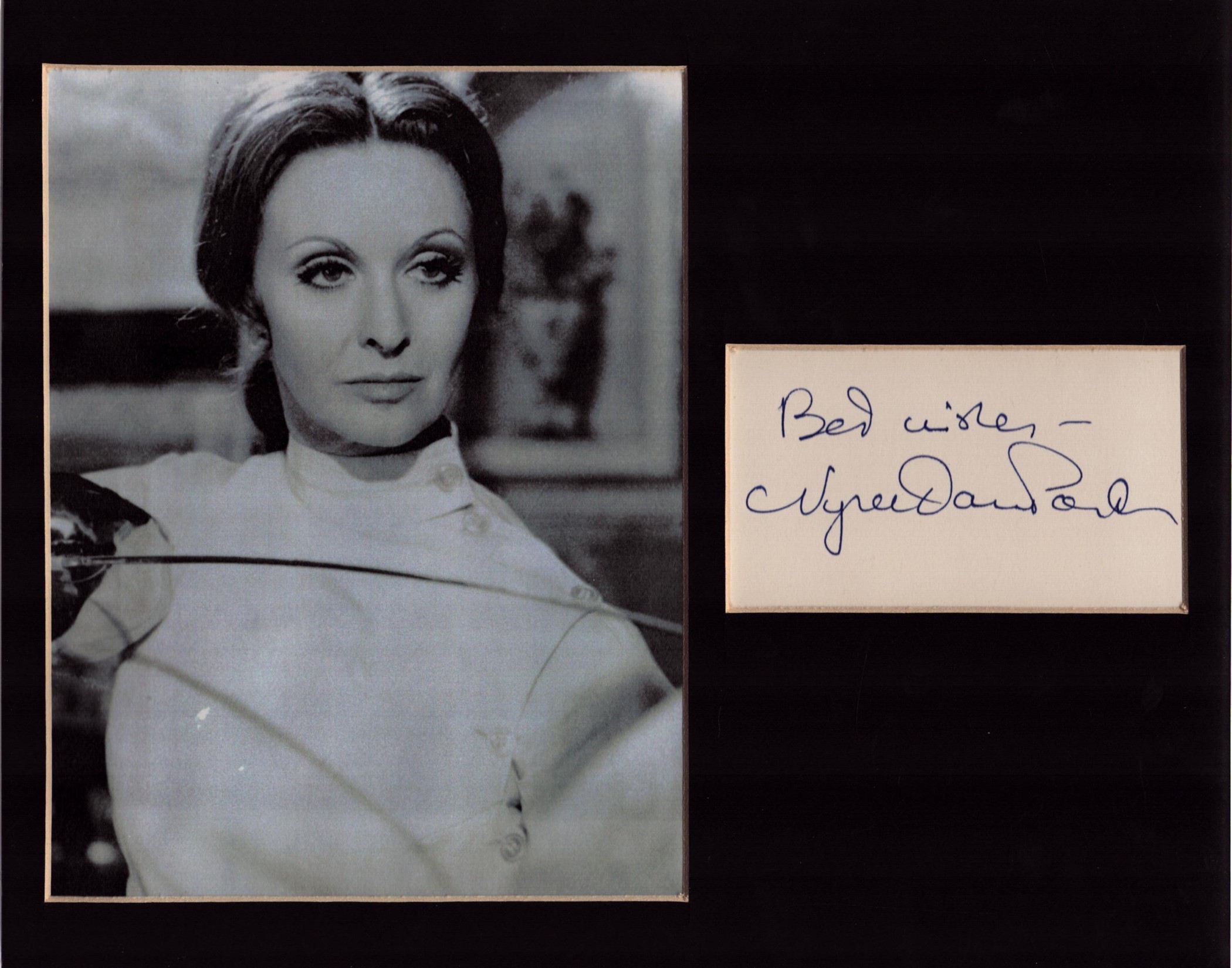 Nyree Dawn Porter signed white card mounted with unsigned black and white photo 10x8 inch overall.