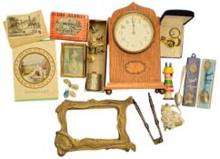 Ephemera collection, Antique Nut Cracker, vintage mantal wooden clock, Stuart Collectors spoons x 2,